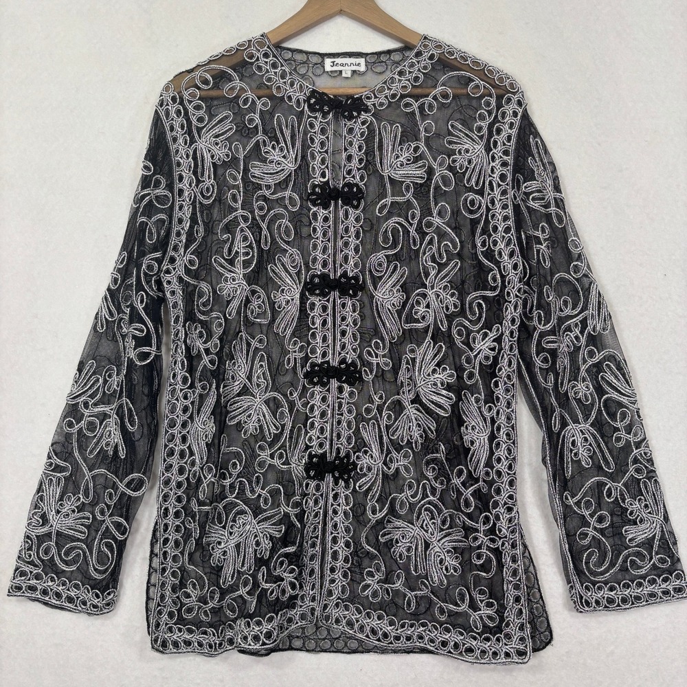 Jeannie Cardigan Womens‎ L Mesh Embroidered Metallic Frog Closure Whimsigoth
